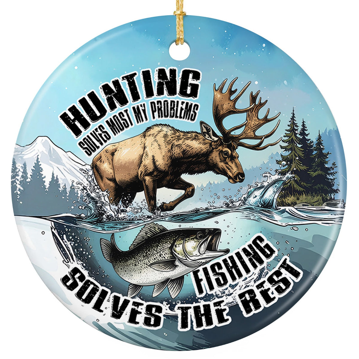 Brown Moose Splashing From Icy Water With a Leaping Trout and a Wry Line. Ceramic Keepsake for Outdoorsmen.