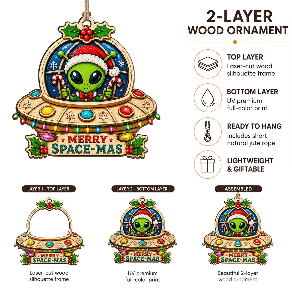 UFO Alien Abduction Space Funny Christmas Ornament, Space Alien Keepsake, Wood Tree Decoration