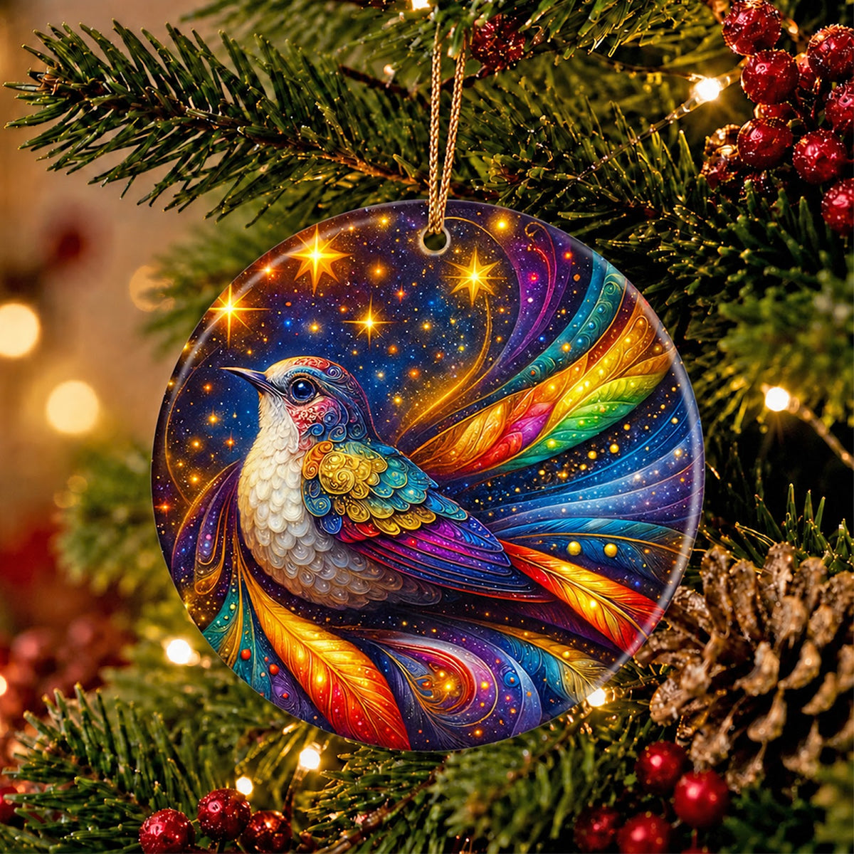 Bird Christmas Ornament, Rainbow Fantasy Celestial Gift, Ceramic Hanging Tree Decoration