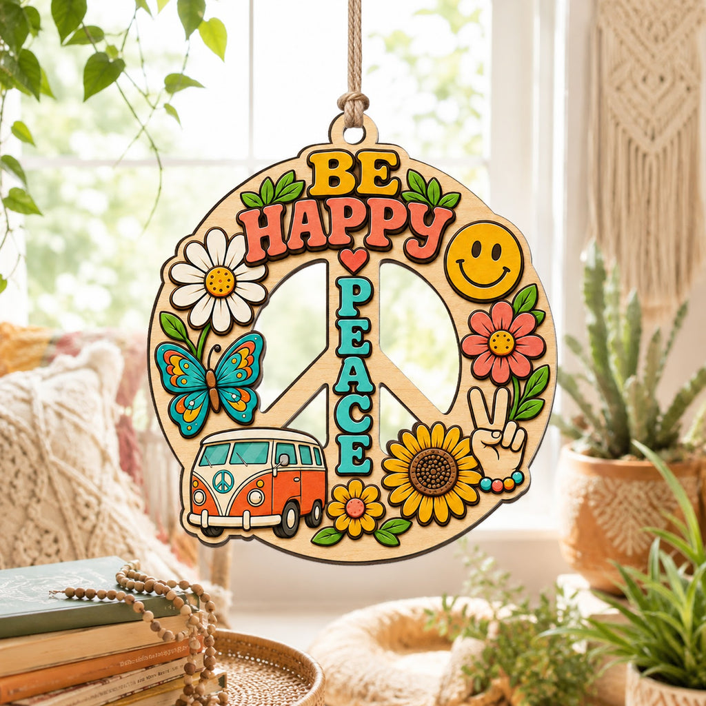Hippie Peace Love Boho Retro Christmas Ornament, Boho Peace Keepsake, Wood Tree Decoration