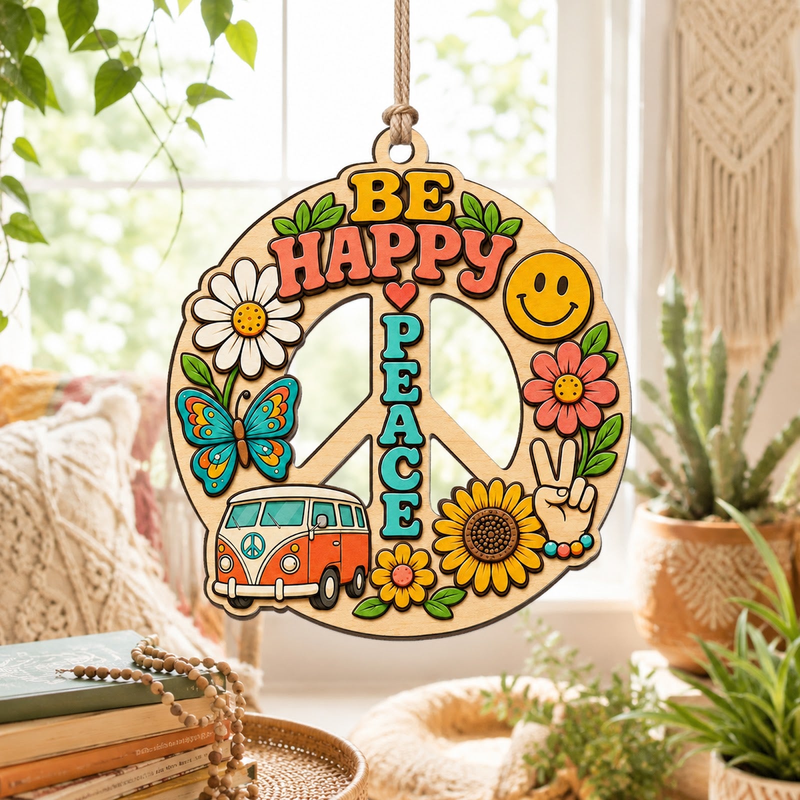 Hippie Peace Love Boho Retro Christmas Ornament, Boho Peace Keepsake, Wood Tree Decoration