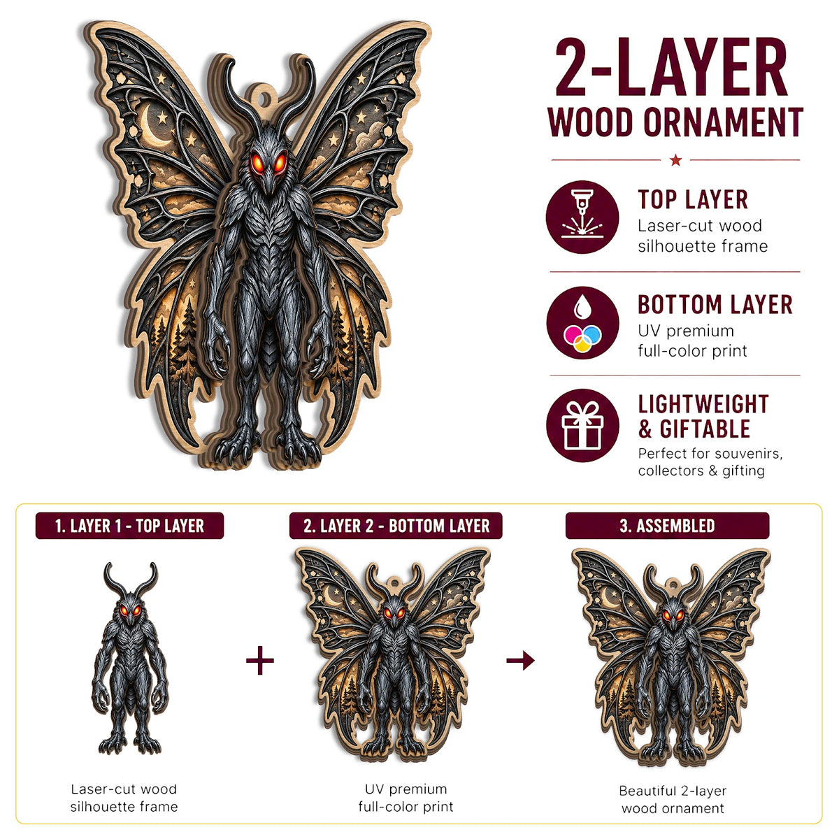 Mothman Christmas Ornament, Stocking Stuffer For Folklore Fan, Wood Hanging Tree Decoration