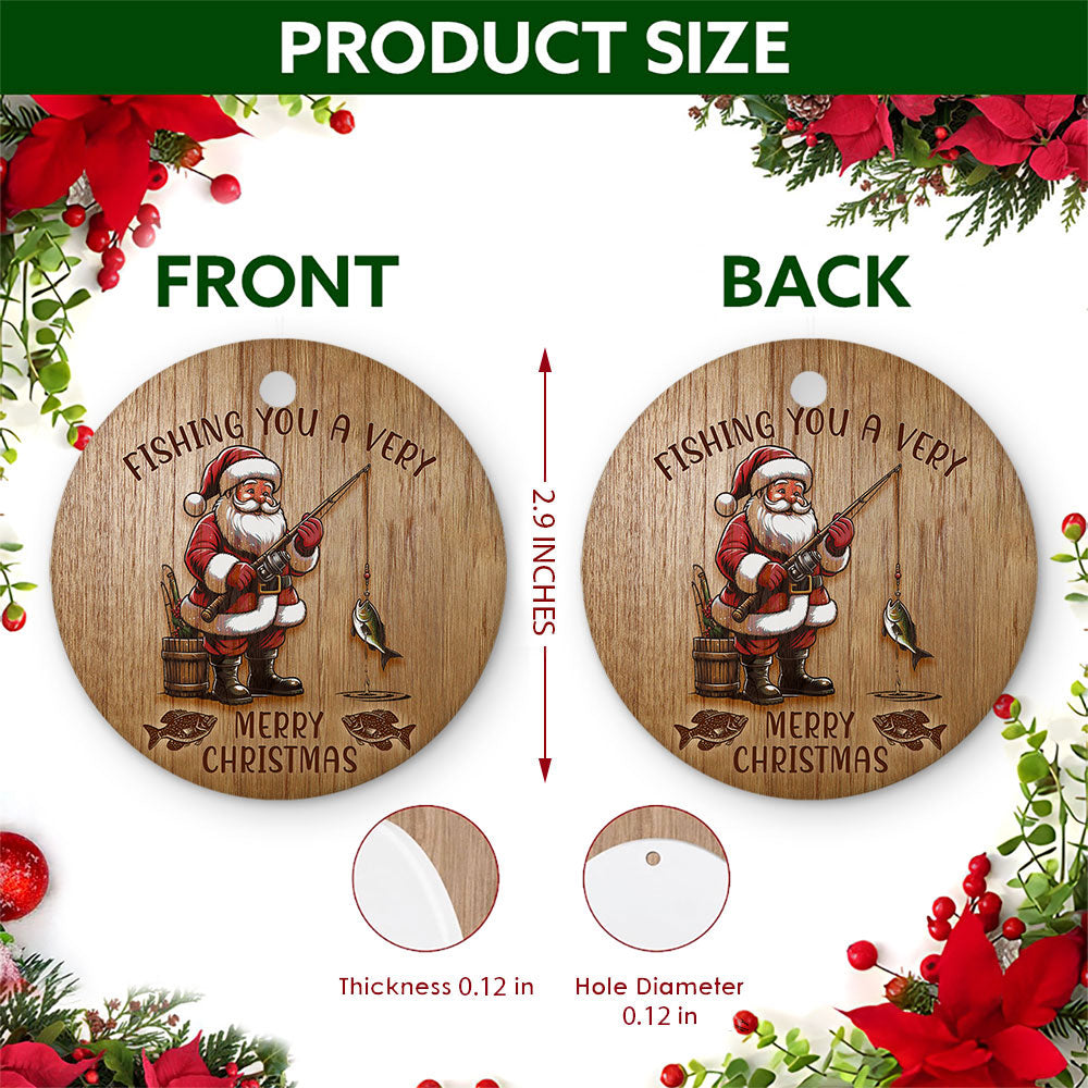 Fishing Christmas Ornament, Santa Angler carved-look Gift, Ceramic Hanging Tree Decoration