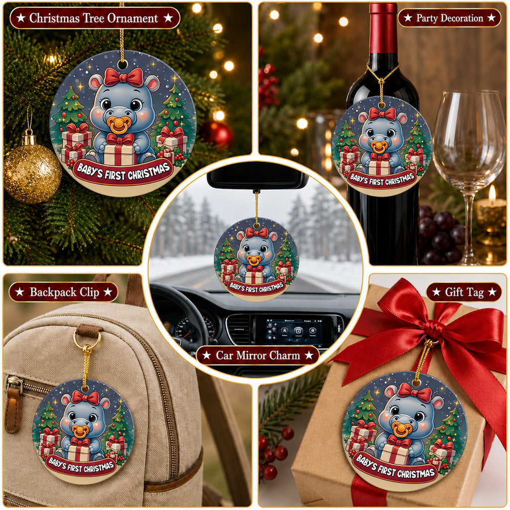 Baby First Christmas Ornament, Hippo Keepsake For Girl, Ceramic Hanging Tree Decoration