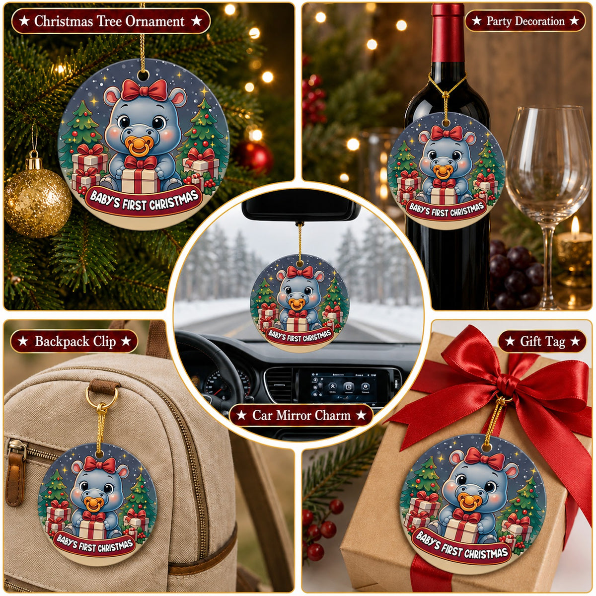 Baby First Christmas Ornament, Hippo Keepsake For Girl, Ceramic Hanging Tree Decoration