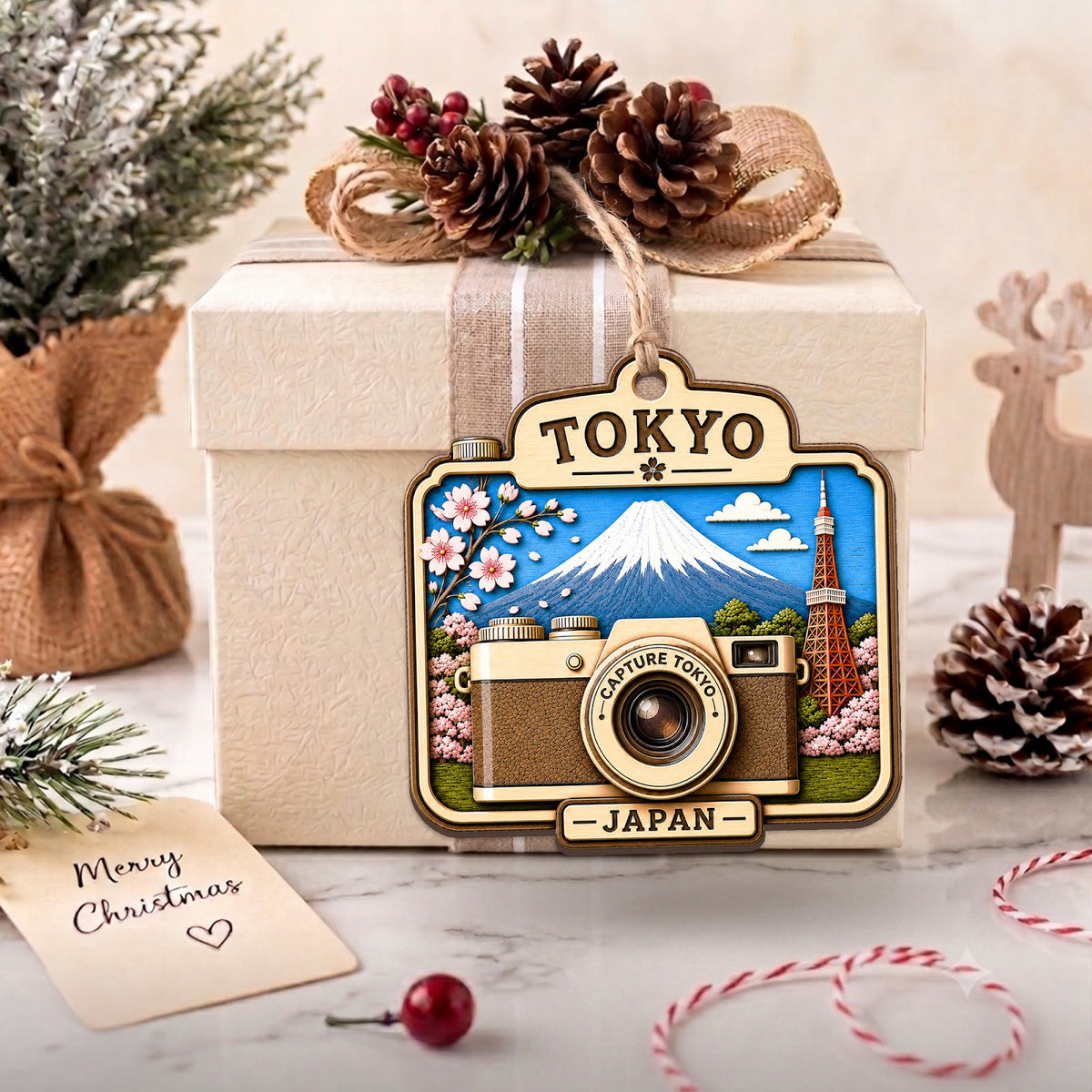 Tokyo Camera Christmas Ornament, Japan Skyline Photographer Travel Gift, Wood Tree Decoration