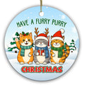 Three Cats in Scarves and Santa Hats in a Snowy Pine Field. Ceramic Keepsake for Multi-Cat Households.