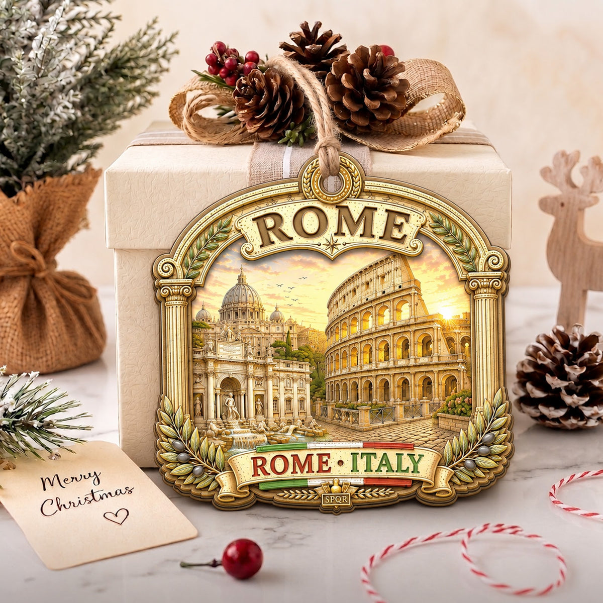 Rome Christmas Ornament, Italy Colosseum Travel Souvenir Gift, Wood Hanging Tree Decoration