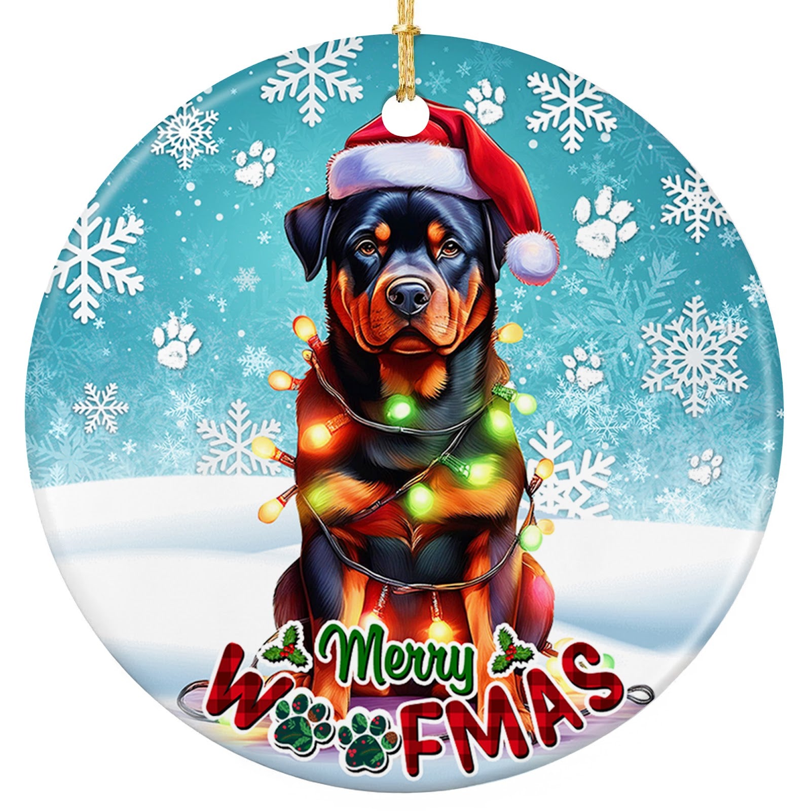 Rottweiler in a Santa Hat With Warm Glowing Lights. Ceramic Keepsake for Rottie Owners and Rescue Adopters.