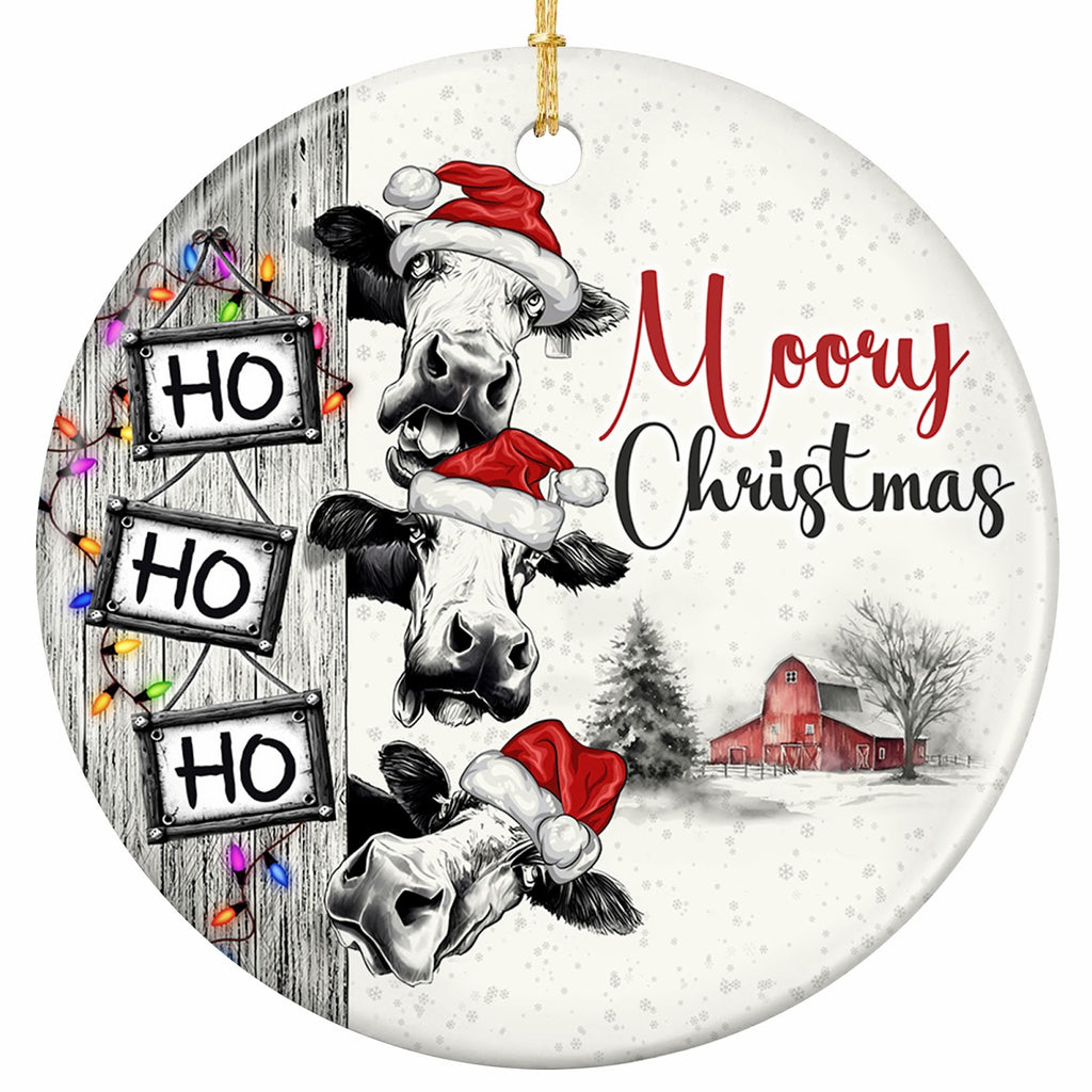 Three Holstein Heads in Santa Hats Peeking Around Barnwood Planks With Hanging Signs. Ceramic Keepsake.