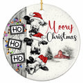 Three Holstein Heads in Santa Hats Peeking Around Barnwood Planks With Hanging Signs. Ceramic Keepsake.