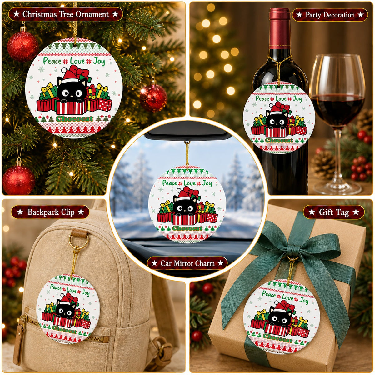 Black Cat Christmas Ornament, Ugly Sweater Kawaii Gift, Ceramic Hanging Tree Decoration