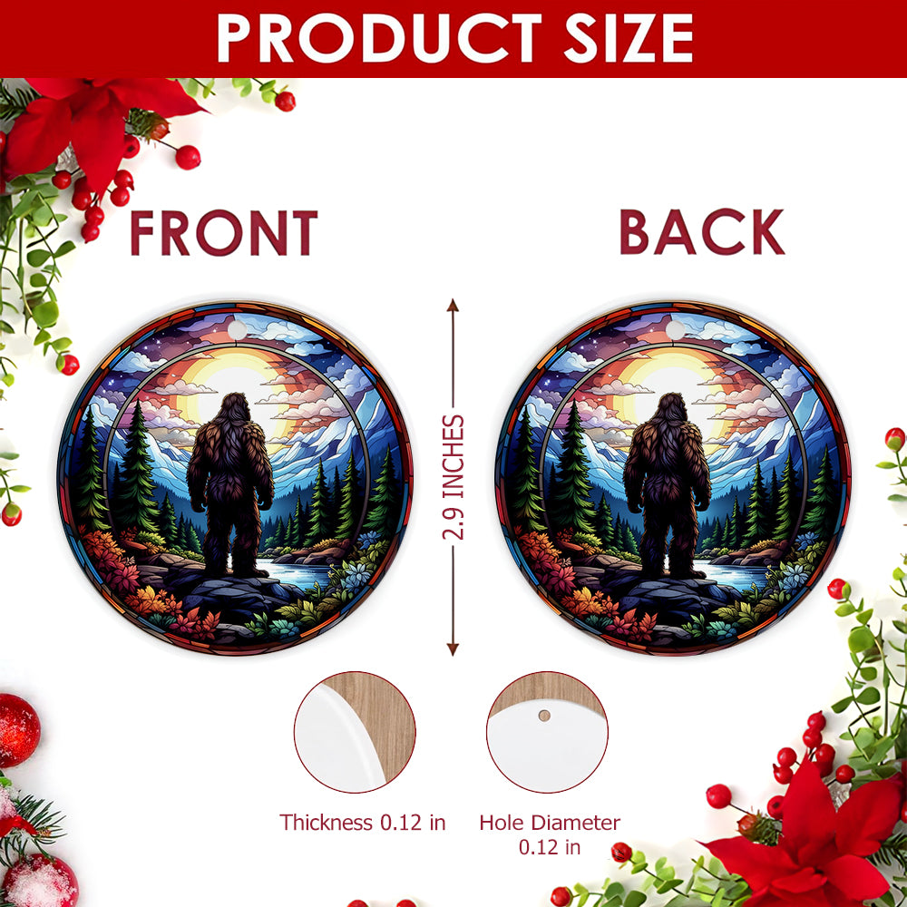 Bigfoot Christmas Ornament, Moonlit Mountain Wilderness, Ceramic Hanging Tree Decoration