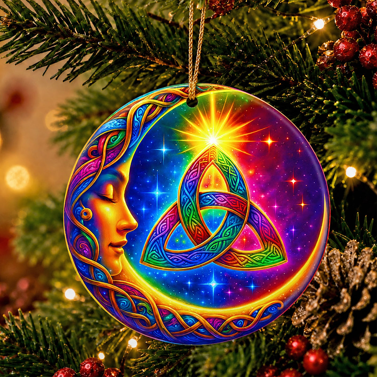 Celtic Christmas Ornament, Triquetra Moon Goddess Yule Gift, Ceramic Hanging Tree Decoration