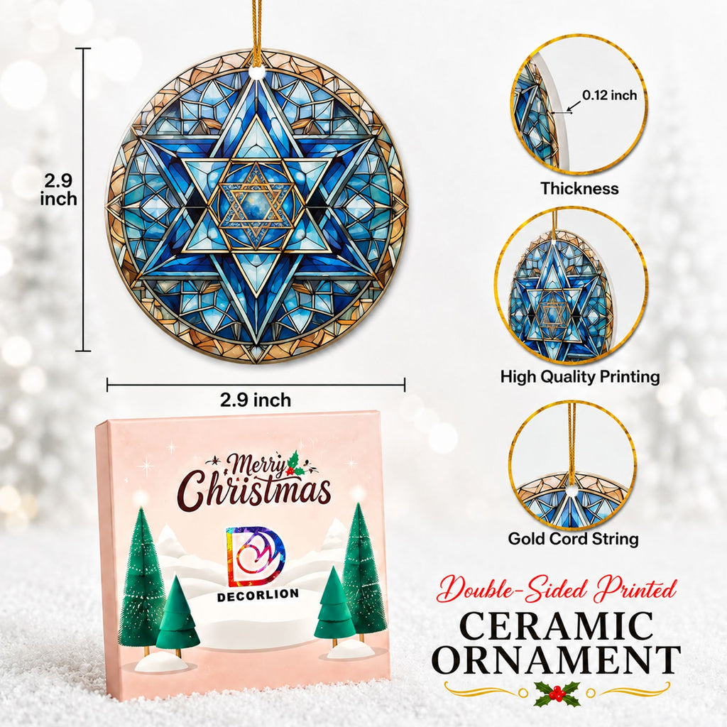 Hanukkah Christmas Ornament, Stained Glass Star Mandala Gift Idea, Ceramic Tree Decoration