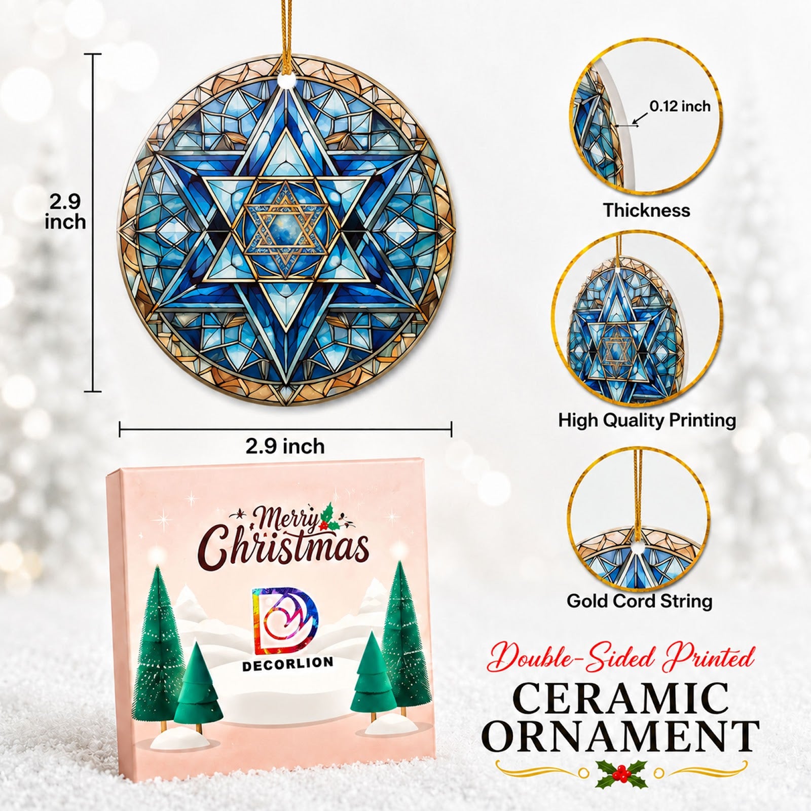 Hanukkah Christmas Ornament, Stained Glass Star Mandala Gift Idea, Ceramic Tree Decoration
