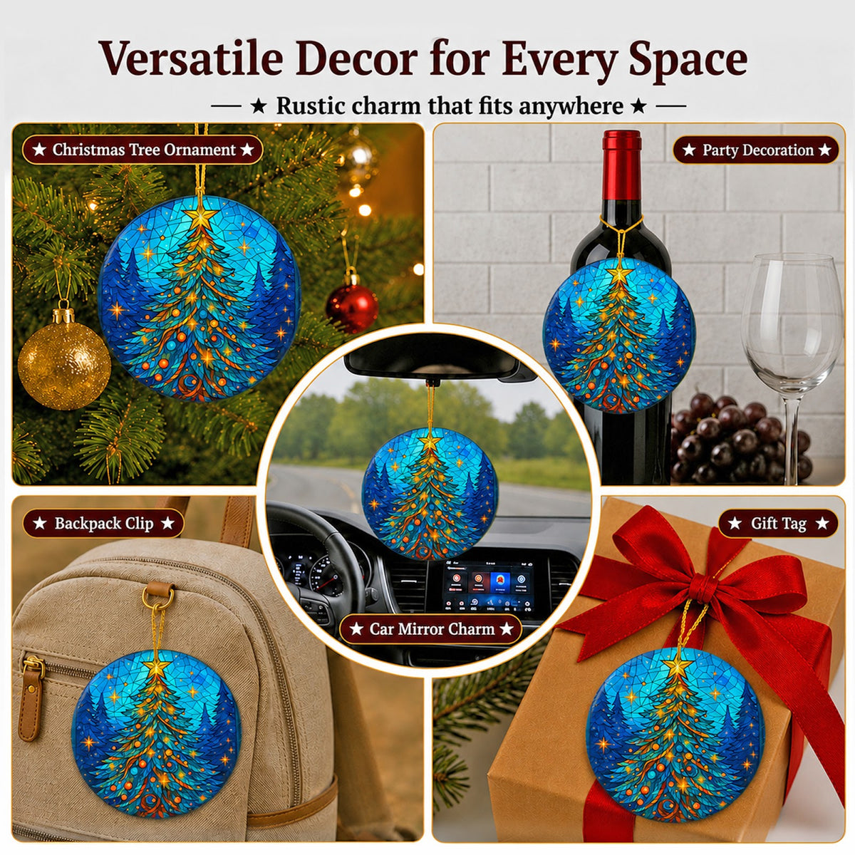 Christmas Tree Christmas Ornament, Stained Glass Glowing Star Gift, Ceramic Tree Decoration