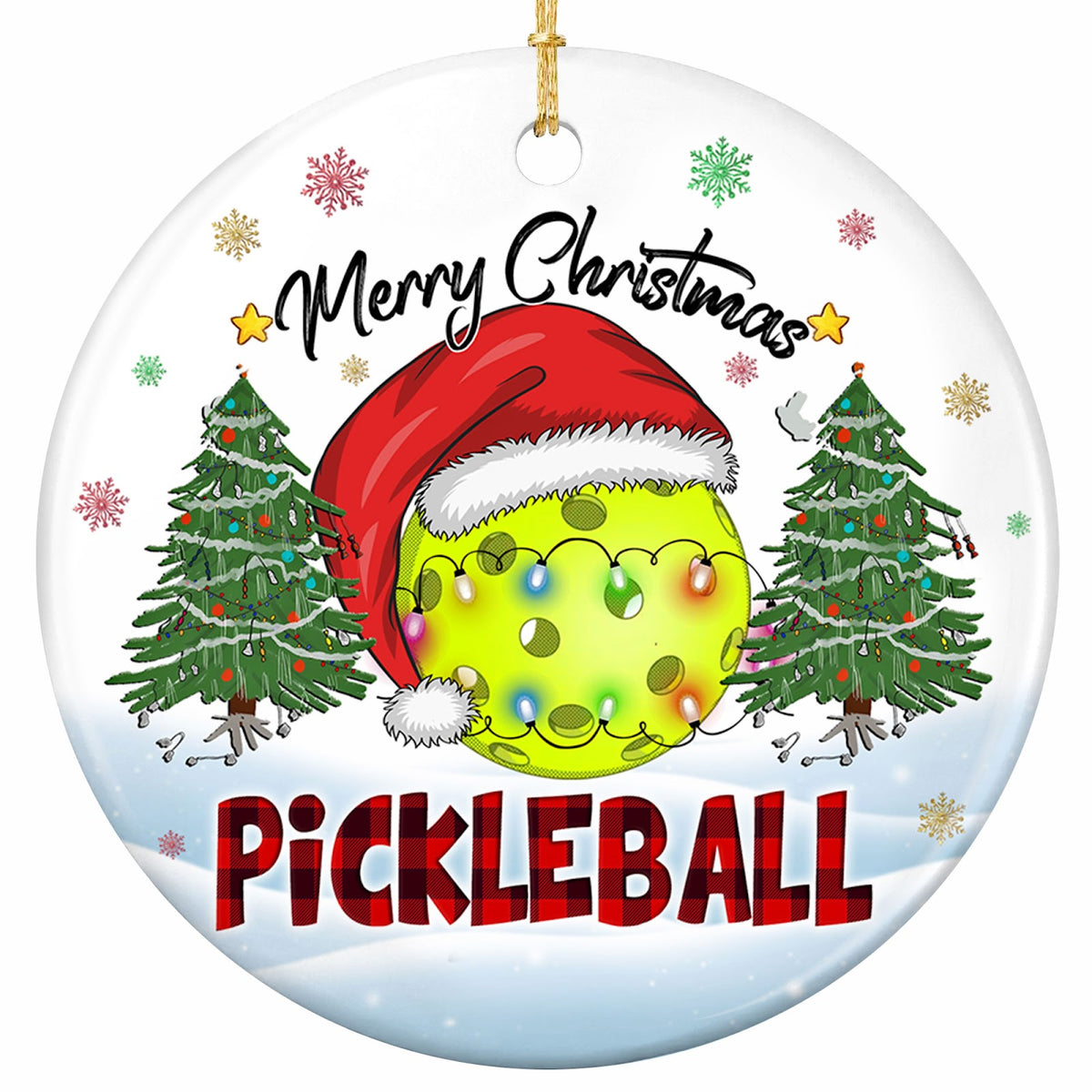 A Perforated Pickleball in a Santa Hat Draped in Glowing Bulbs Between Two Evergreens. Ceramic Keepsake.