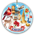 Cardinal, Lit Suspension Bridge, Deco Tower and a Bowl of Chili in Watercolor. Ceramic Keepsake for Ohio.