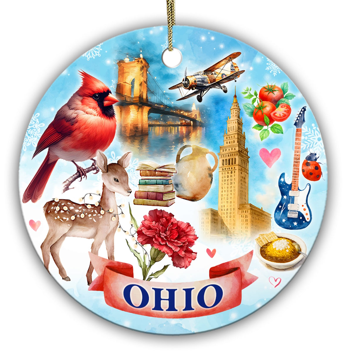 Cardinal, Lit Suspension Bridge, Deco Tower and a Bowl of Chili in Watercolor. Ceramic Keepsake for Ohio.