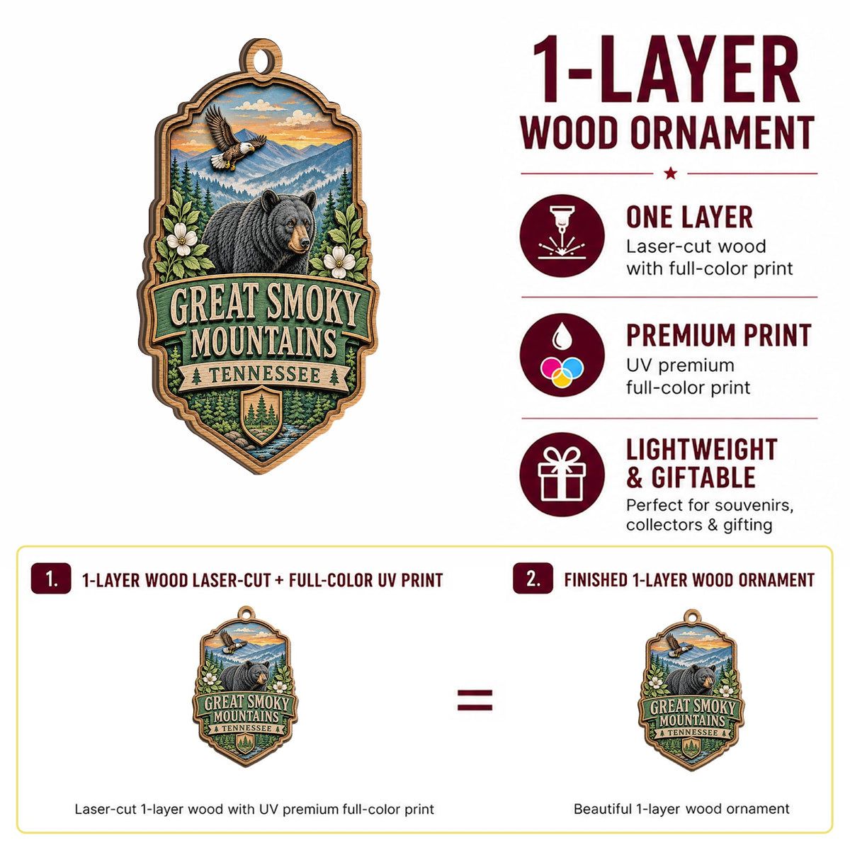 Great Smoky Mountains Christmas Ornament, Appalachian National Park Hiker Gift, Wood Ornament