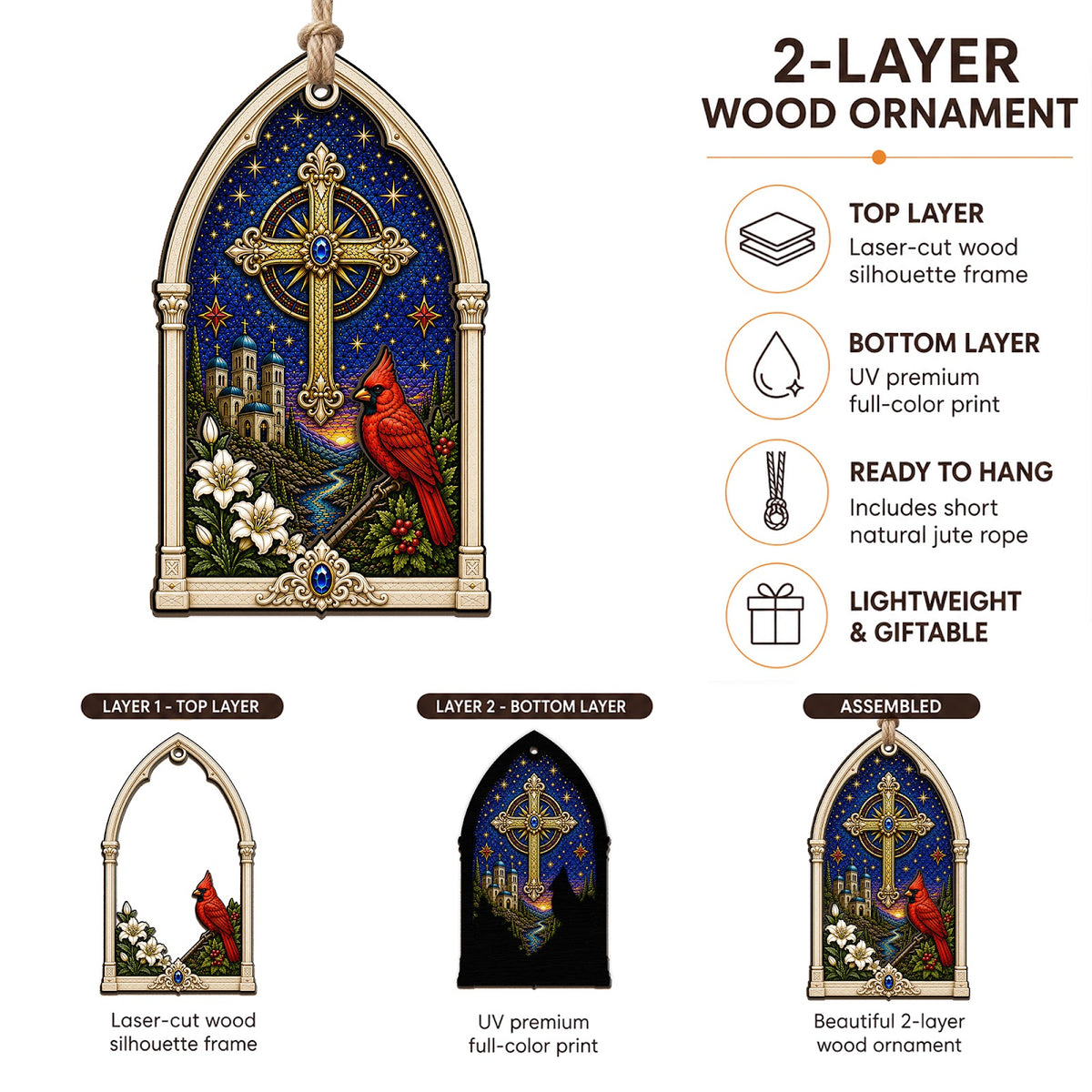 Cardinal And Cross Christmas Ornament, Faith Sympathy Gift, Wood Hanging Tree Decoration
