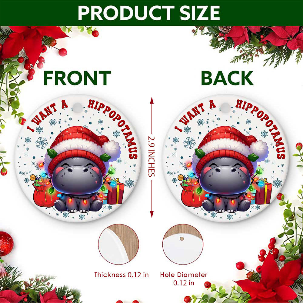 Hippo Christmas Ornament, Cute Chibi Santa Hat Gift Idea, Ceramic Hanging Tree Decoration