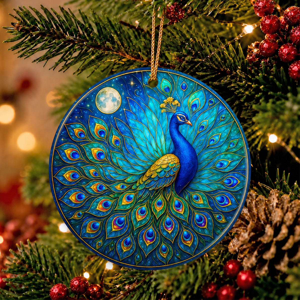 Peacock Christmas Ornament, Fanned Tail Night Sky Gift, Ceramic Hanging Tree Decoration