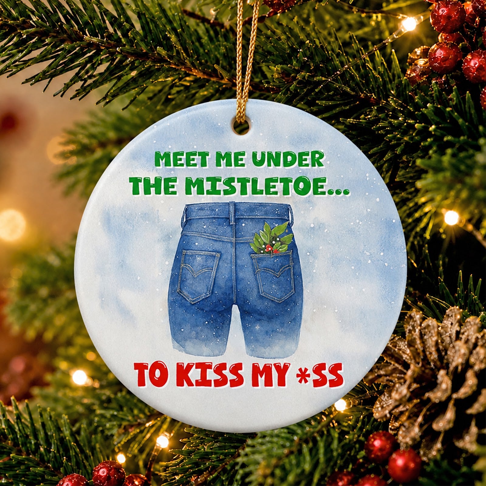 Rude Christmas Ornament, Meet Me Under The Mistletoe Gag, Ceramic Hanging Tree Decoration