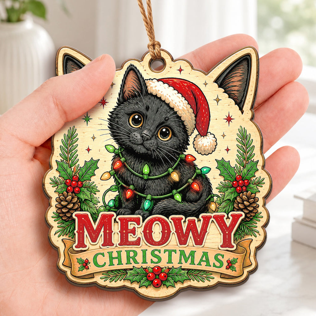 Black Cat Christmas Ornament, Stocking Stuffer For Cat Mom, Wood Hanging Tree Decoration
