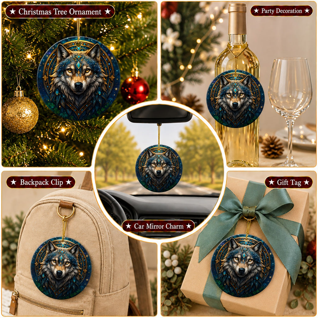 Wolf Christmas Ornament, Celestial Mystical Gothic Gift, Ceramic Hanging Tree Decoration