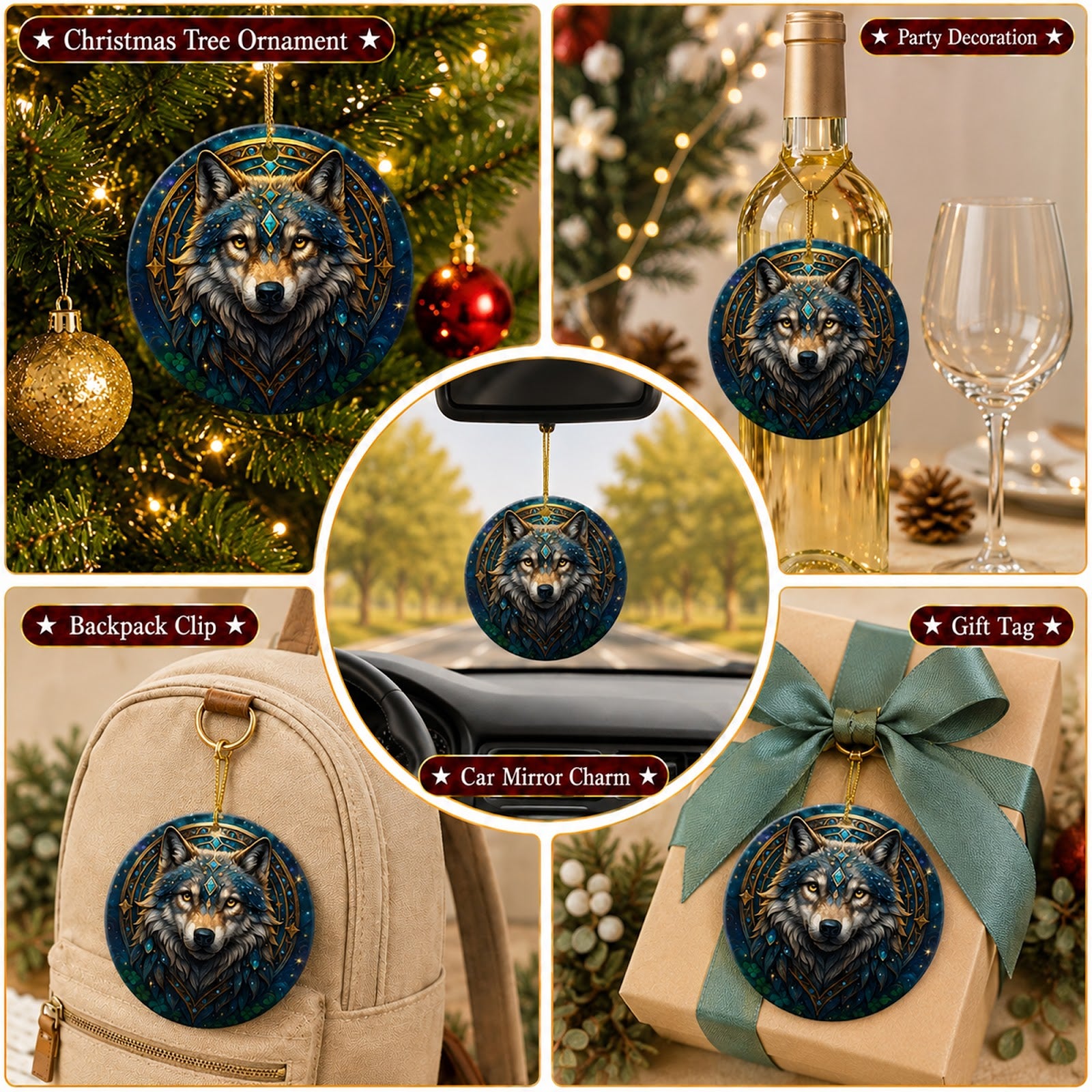 Wolf Christmas Ornament, Celestial Mystical Gothic Gift, Ceramic Hanging Tree Decoration