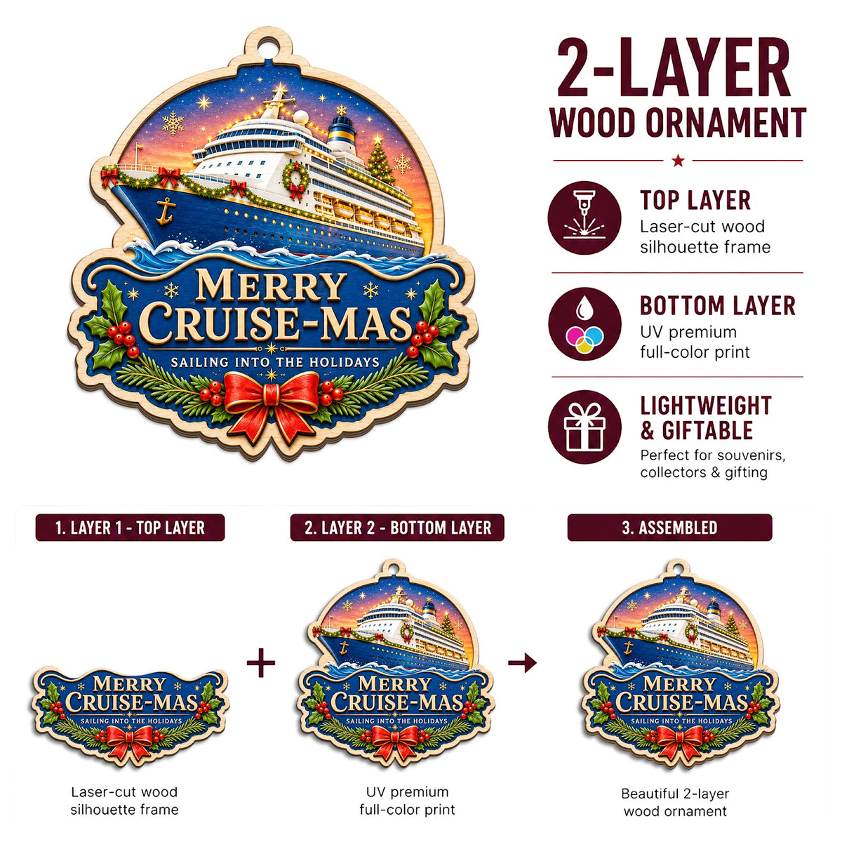 Cruisemas Cruise Ship Christmas Ornament, Stocking Stuffer For Cruise Lover, Wood Ornament