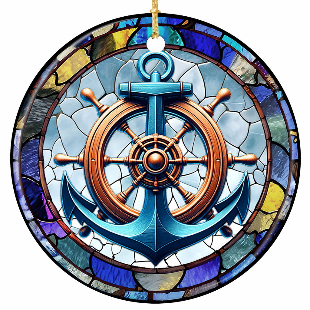Stained Glass Anchor and Ship Helm in Copper and Cobalt. Ceramic Keepsake for Boaters, Sailors and Fishermen.