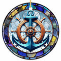 Stained Glass Anchor and Ship Helm in Copper and Cobalt. Ceramic Keepsake for Boaters, Sailors and Fishermen.