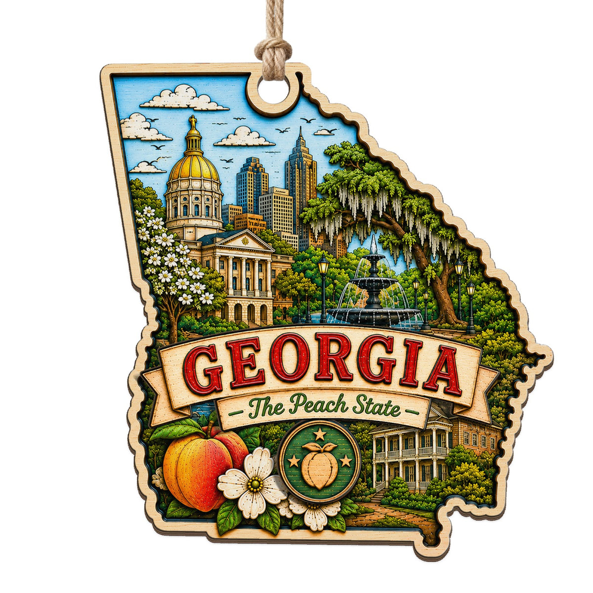 Peach Blossom With the State Capitol, Magnolia and Savannah Spanish Moss. Wood Keepsake for Southern Charm.