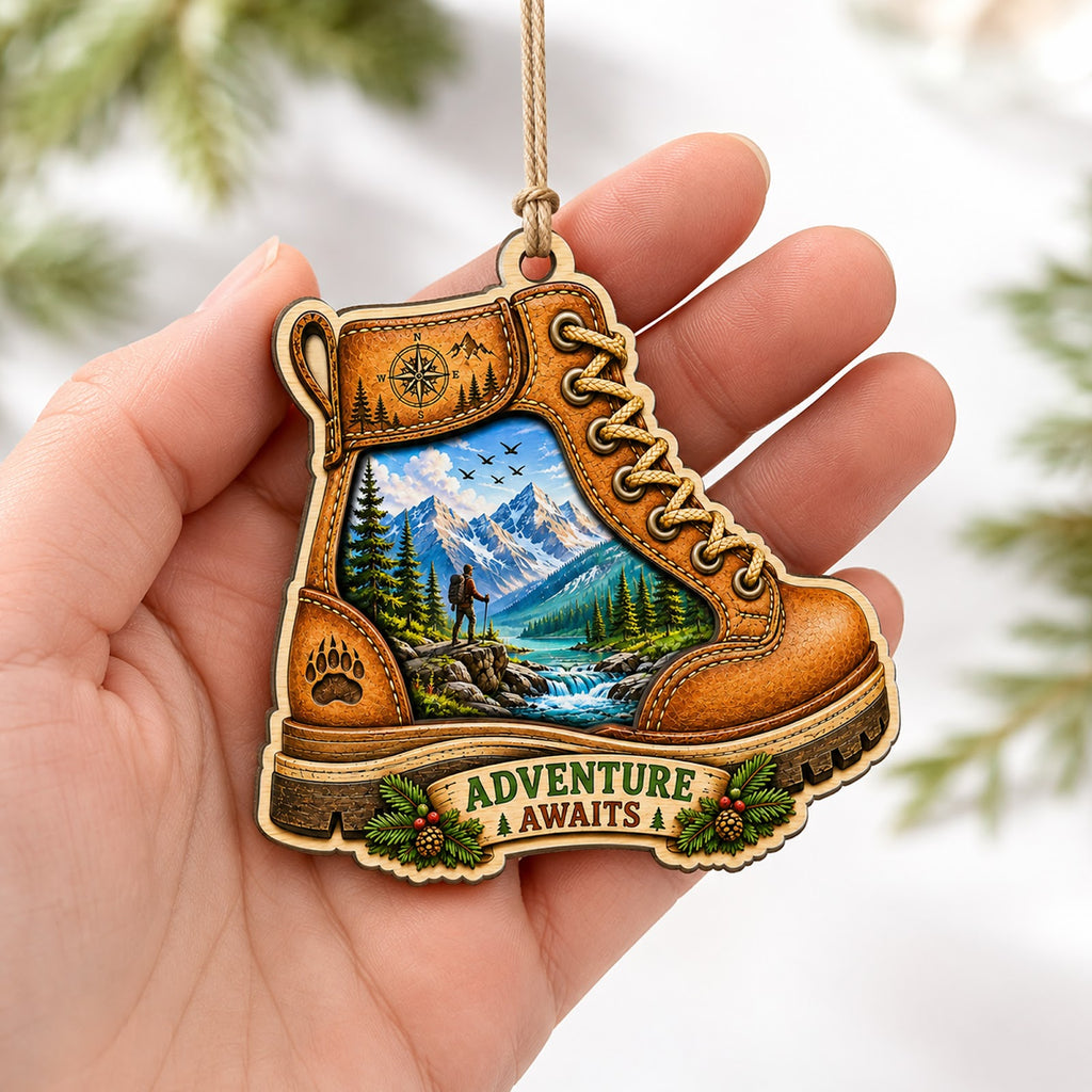 Hiking Boot Trail Outdoor Sport Christmas Ornament, Stocking Stuffer For Hiker, Wood Ornament