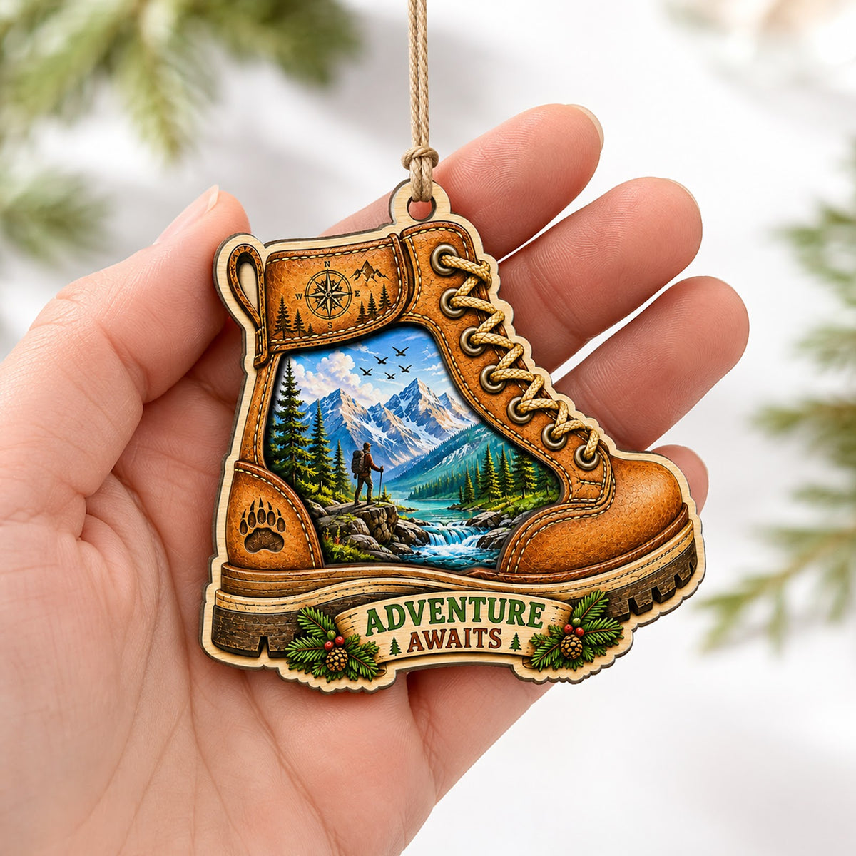 Hiking Boot Trail Outdoor Sport Christmas Ornament, Stocking Stuffer For Hiker, Wood Ornament
