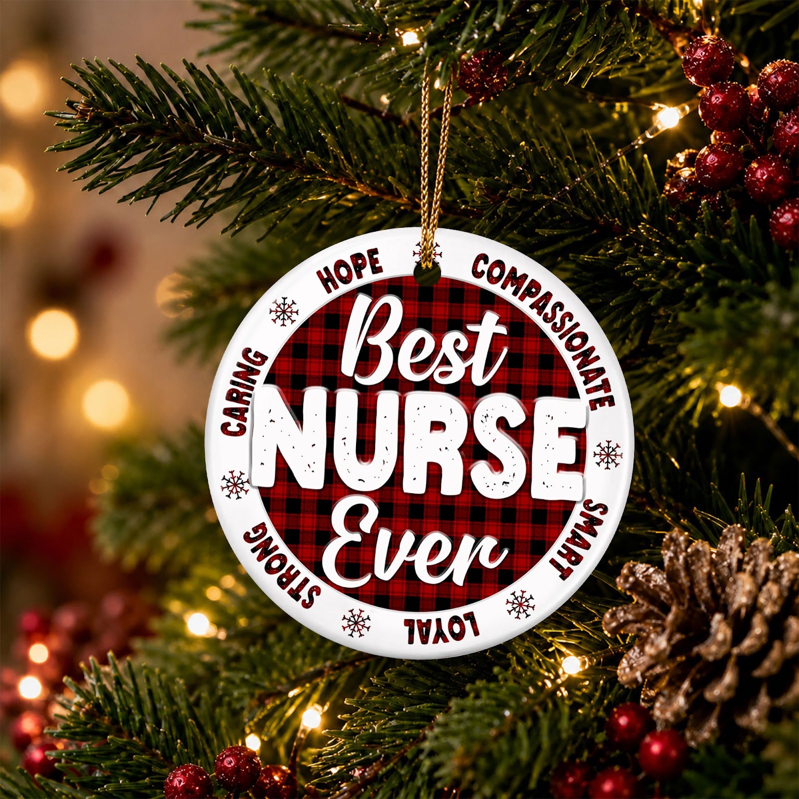 Nurse Christmas Ornament, Best Nurse Ever Plaid Gift, Ceramic Hanging Tree Decoration