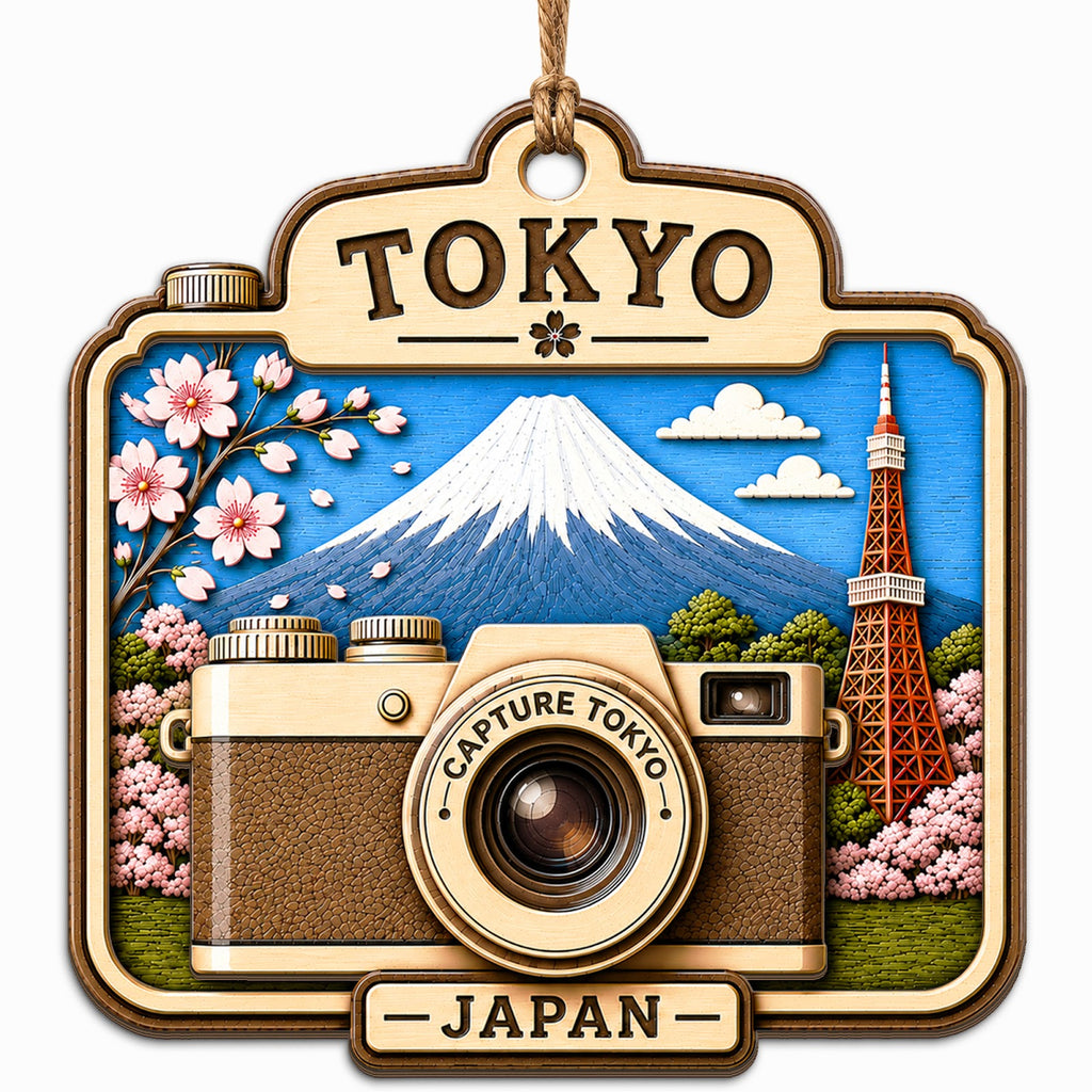 A Vintage Camera Framing the Tokyo Skyline With the Mountain Behind It. Wood Keepsake for Travel Photographers.