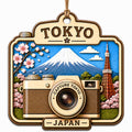 A Vintage Camera Framing the Tokyo Skyline With the Mountain Behind It. Wood Keepsake for Travel Photographers.