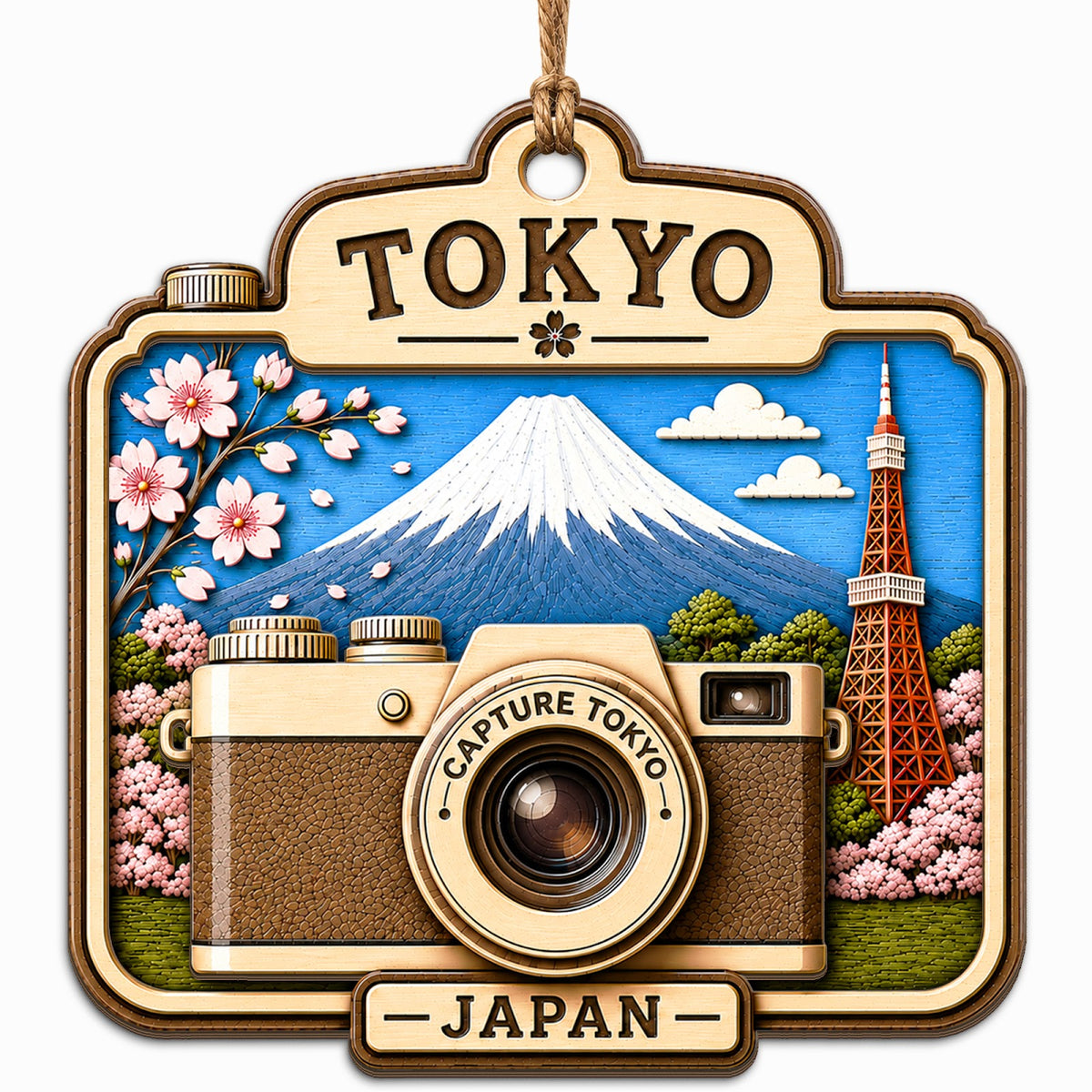 A Vintage Camera Framing the Tokyo Skyline With the Mountain Behind It. Wood Keepsake for Travel Photographers.