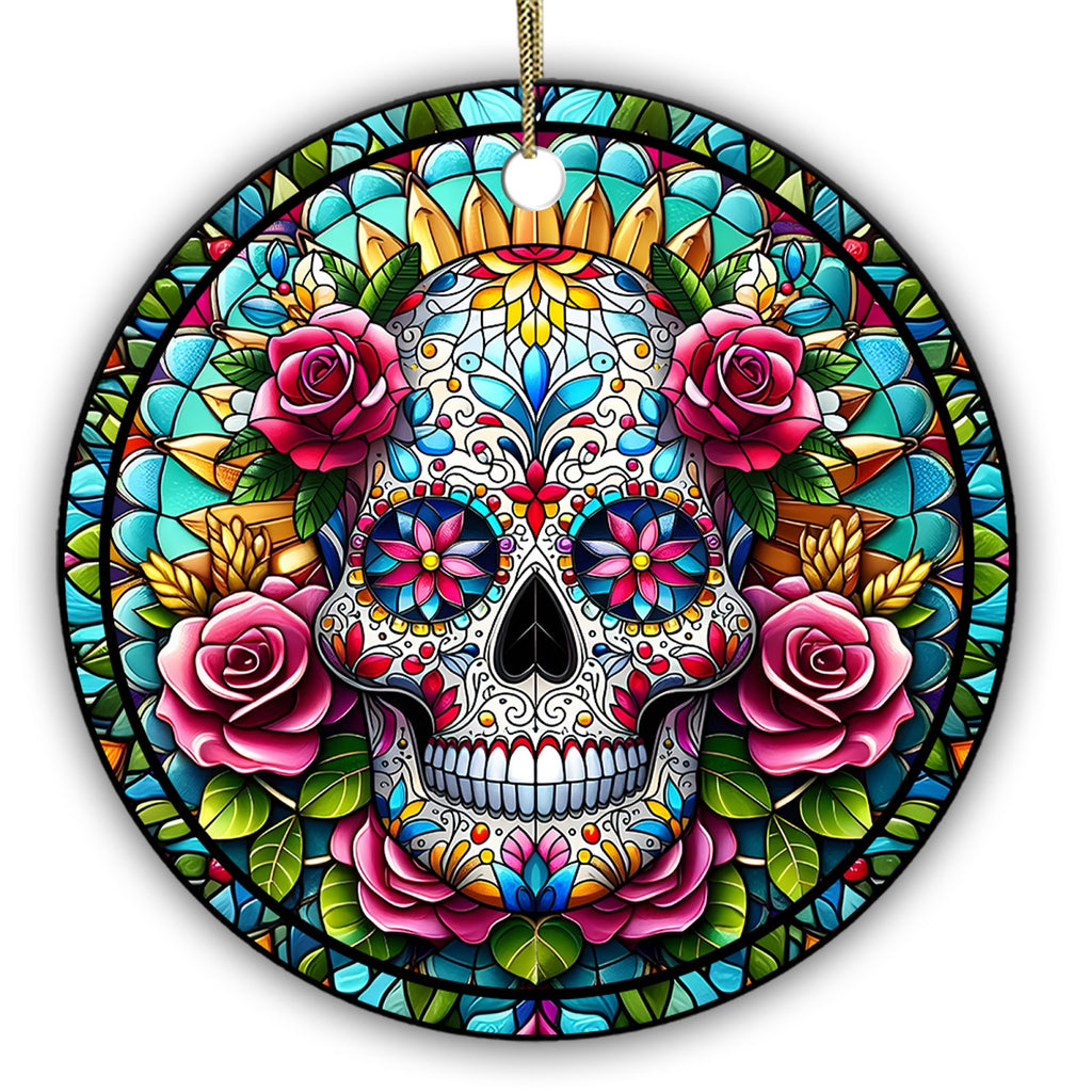Ornate Sugar Skull With Rosette Eyes and Magenta Roses in Leaded Glass. Ceramic Keepsake for Gothic Decor.