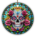 Ornate Sugar Skull With Rosette Eyes and Magenta Roses in Leaded Glass. Ceramic Keepsake for Gothic Decor.