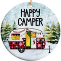 Retro Teardrop Trailer in Buffalo Plaid Hung With Bunting and a Tiny Stocking. Ceramic Keepsake for RVers.