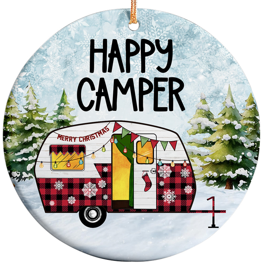 Retro Teardrop Trailer in Buffalo Plaid Hung With Bunting and a Tiny Stocking. Ceramic Keepsake for RVers.