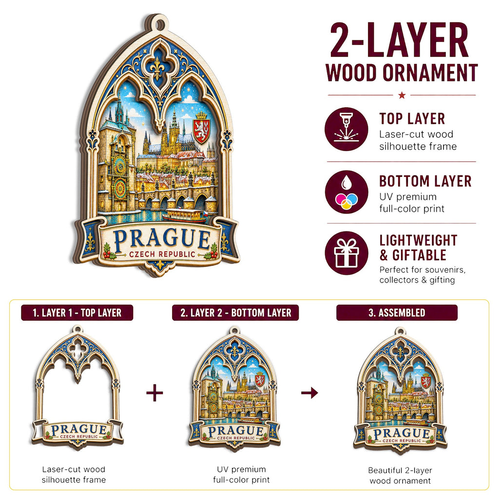 Prague Christmas Ornament, Czech Charles Bridge Souvenir Gift, Wood Hanging Tree Decoration