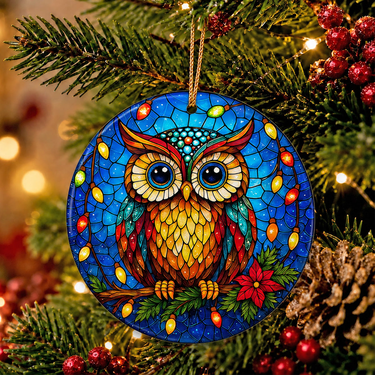 Owl Christmas Ornament, Stained Glass Festive Bird Gift, Ceramic Hanging Tree Decoration