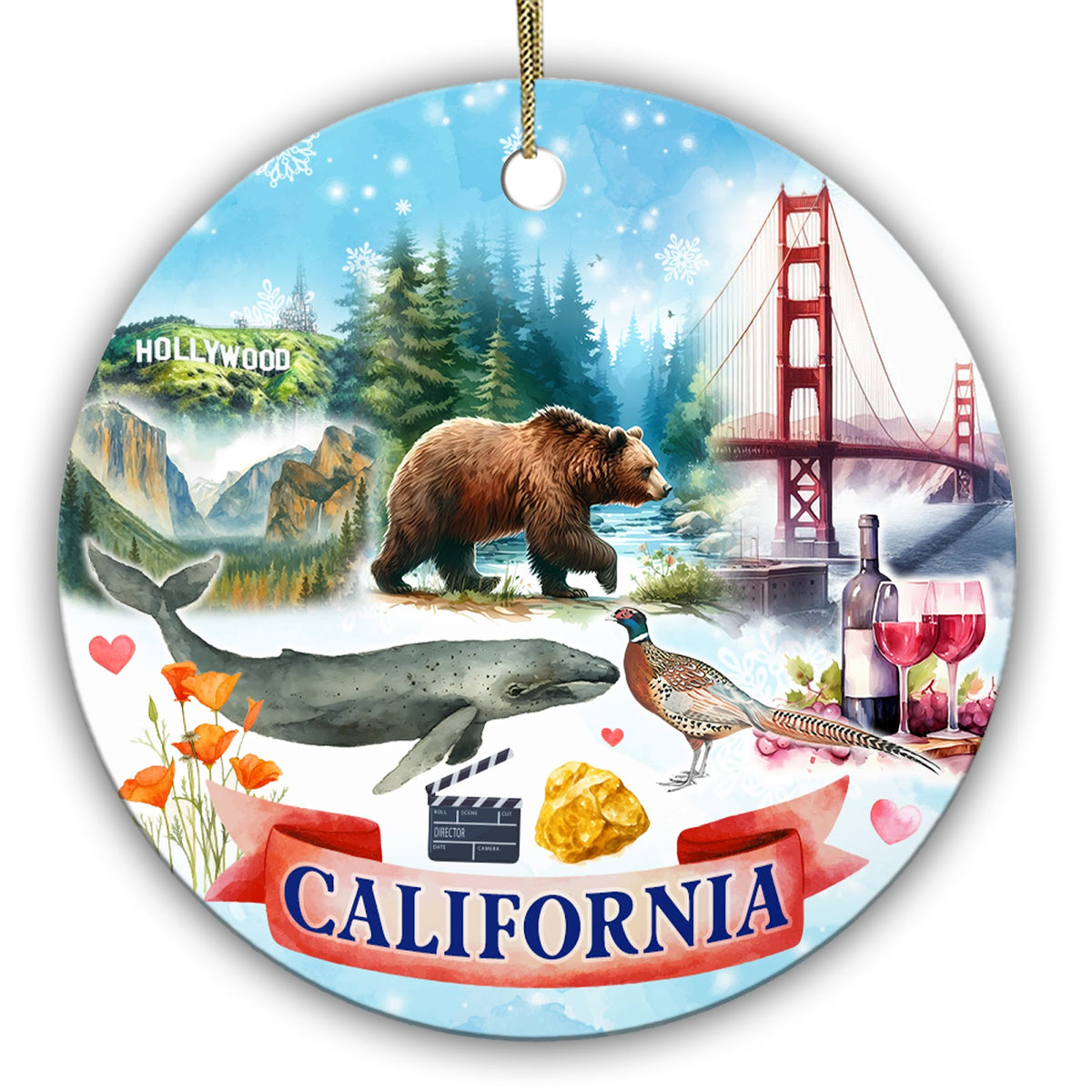 Grizzly Bear, Red Bridge, Granite Valley, Whale and Golden Poppies. Ceramic Keepsake for California Memories.