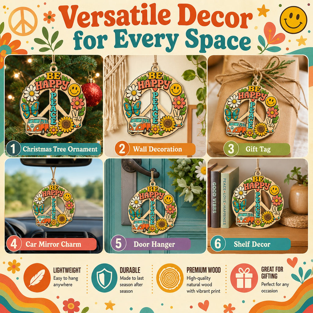 Hippie Peace Love Boho Retro Christmas Ornament, Boho Peace Keepsake, Wood Tree Decoration